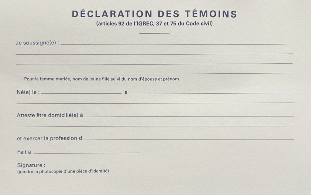 Modelo de declaração de testemunhas entregue pela Mairie.