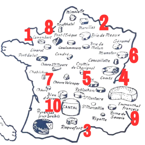 Mapa dos queijos na França com a indicação dos 10 mais consumidos no país.